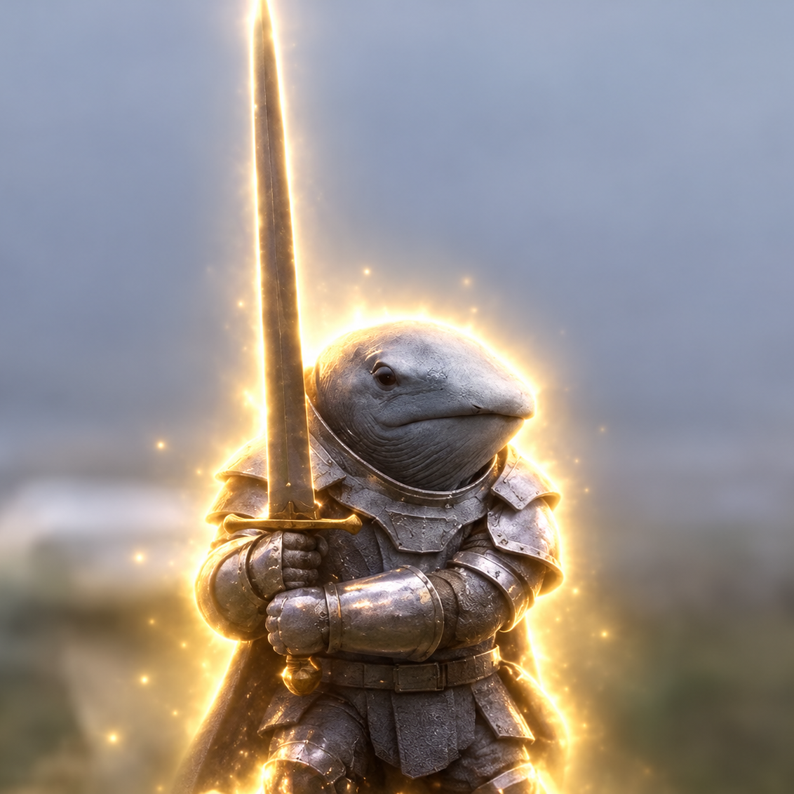 A whale knight holding a glowing sword